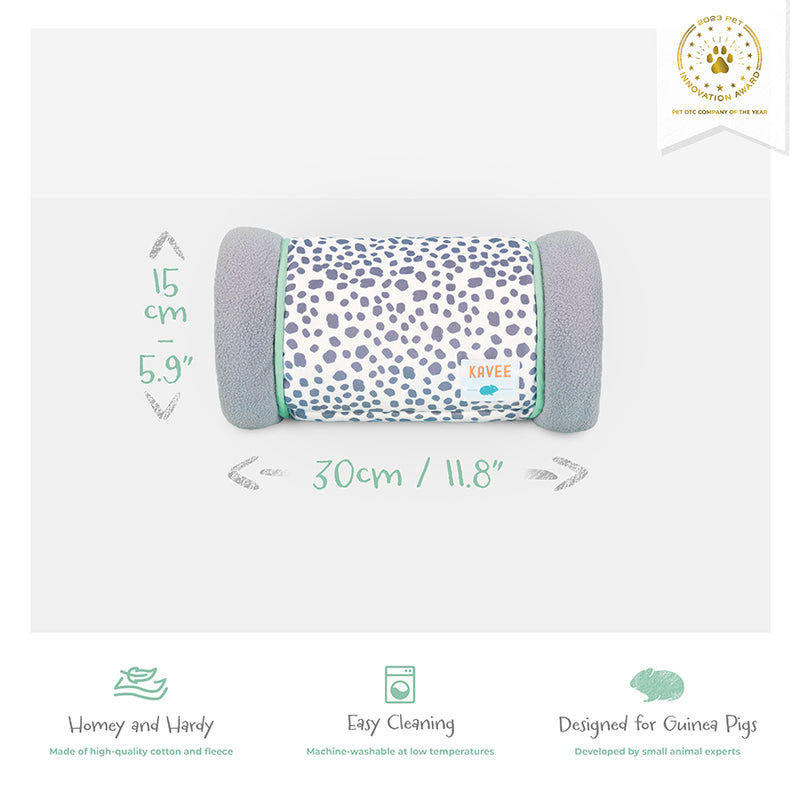 Kavee dalmatian print tunnel on grey background showing product features and dimensions