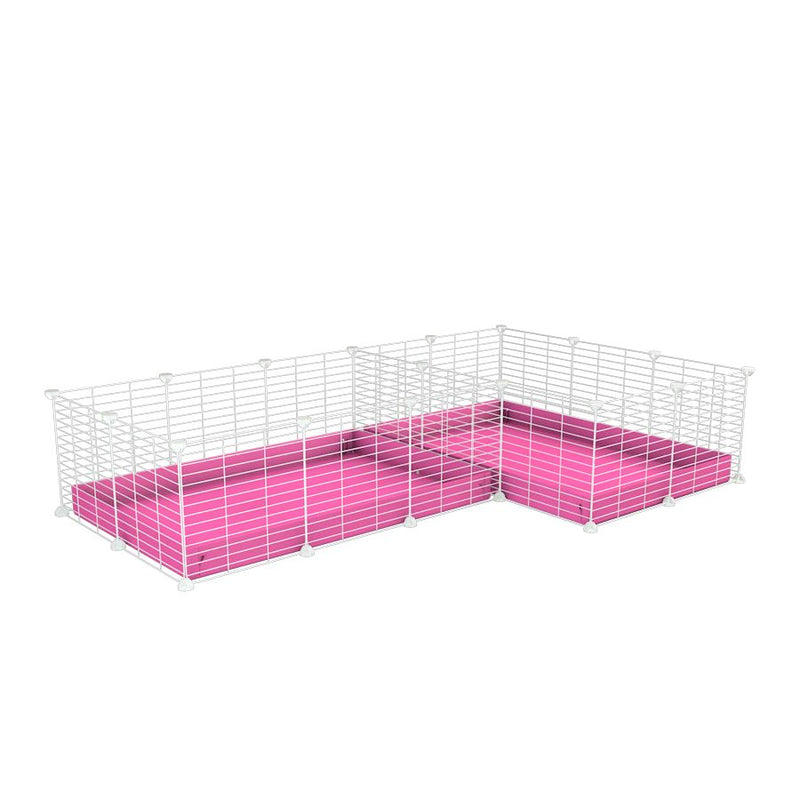A 6x2 L-shape white C&C cage with divider for guinea pig fighting or quarantine with pink coroplast from brand kavee