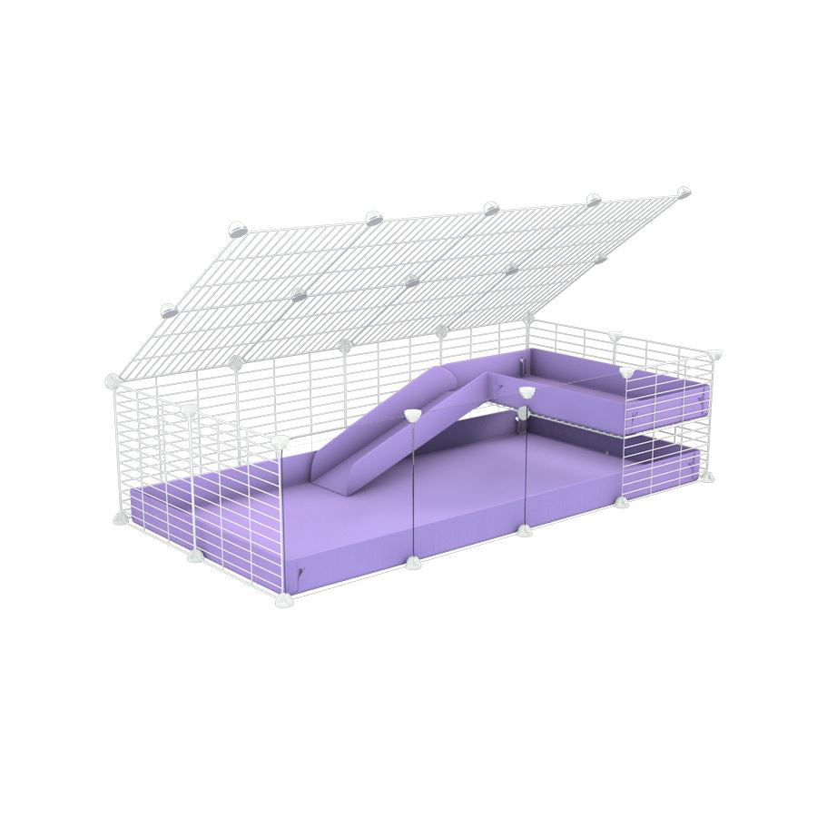 a 2x4 C and C guinea pig cage with clear transparent plexiglass acrylic panels with loft ramp lid small hole size white C and C grids purple lilac pastel coroplast kavee