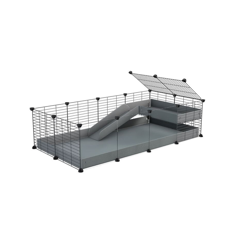 a 4x2 C&C guinea pig cage with clear transparent plexiglass acrylic panels  with a loft and a ramp gray coroplast sheet and baby bars by kavee