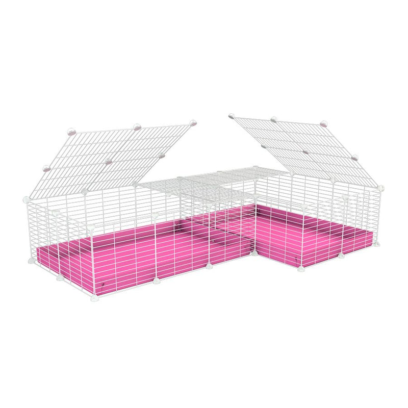 A 6x2 L-shape white C&C cage with lid divider for guinea pig fighting or quarantine with pink coroplast from brand kavee