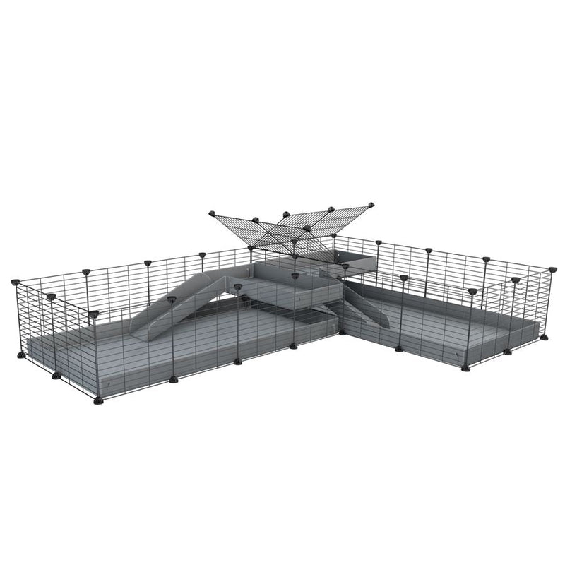 A 8x2 L-shape C&C cage with divider and loft ramp for guinea pig fighting or quarantine with gray coroplast from brand kavee