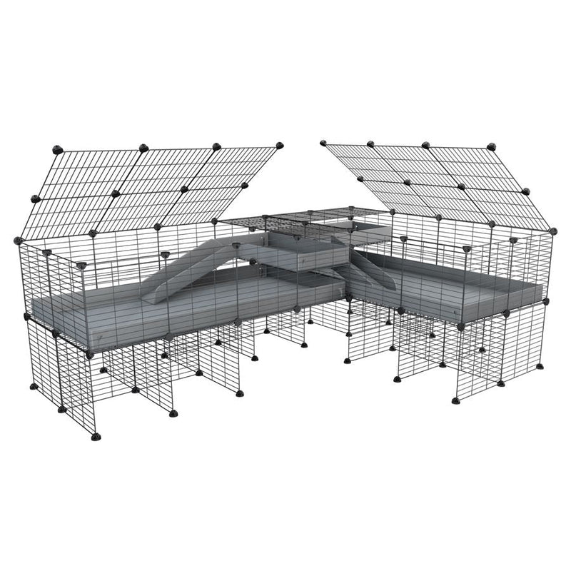 A 8x2 L-shape C&C cage with lid divider stand loft ramp for guinea pig fighting or quarantine with gray coroplast from brand kavee