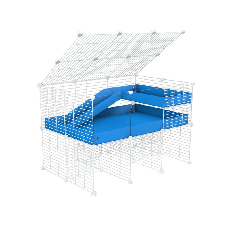 A 2x3 C and C guinea pig cage with clear transparent plexiglass acrylic panels  with stand loft ramp lid small size meshing safe white C and C grids blue correx sold in USA