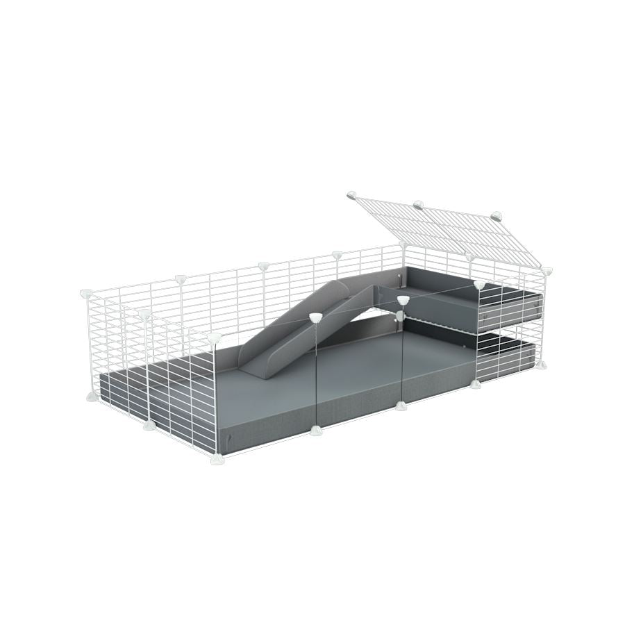 a 4x2 C&C guinea pig cage with clear transparent plexiglass acrylic panels with a loft and a ramp gray coroplast sheet and baby bars white C and C grids by kavee