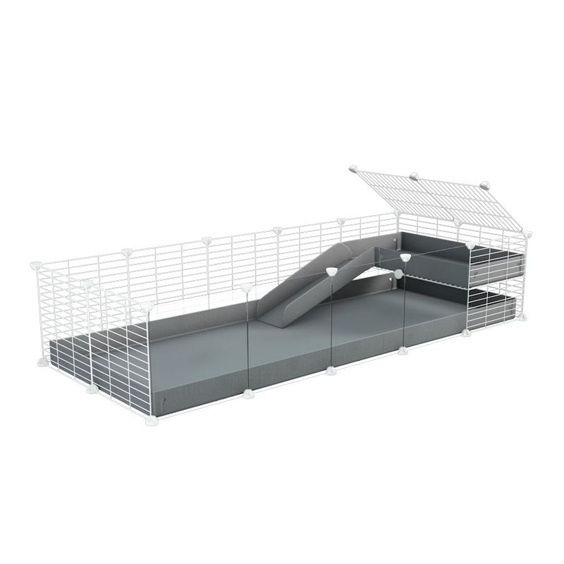 a 5x2 C&C guinea pig cage with clear transparent plexiglass acrylic panels  with a loft and a ramp gray coroplast sheet and baby bars white grids by kavee