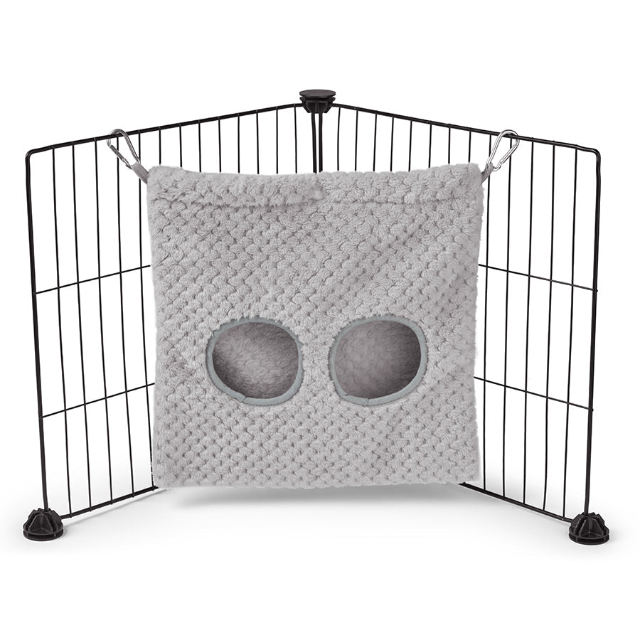 a guinea pig haybag hung on C&C cage made of gray fleece by kavee