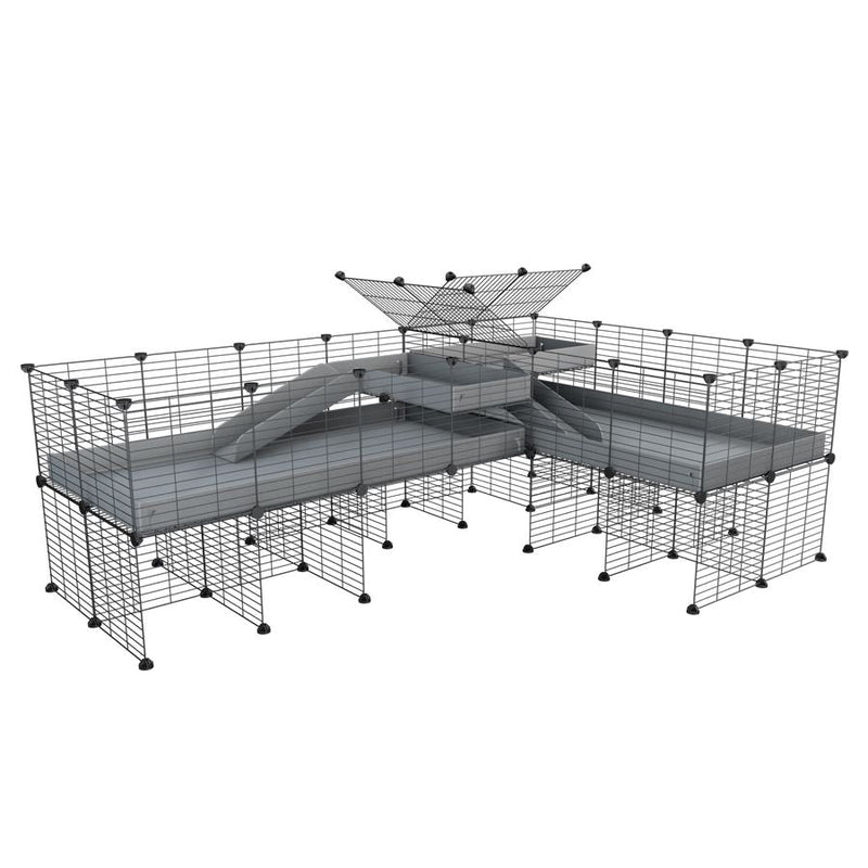 A 8x2 L-shape C&C cage with divider and stand loft ramp for guinea pig fighting or quarantine with gray coroplast from brand kavee