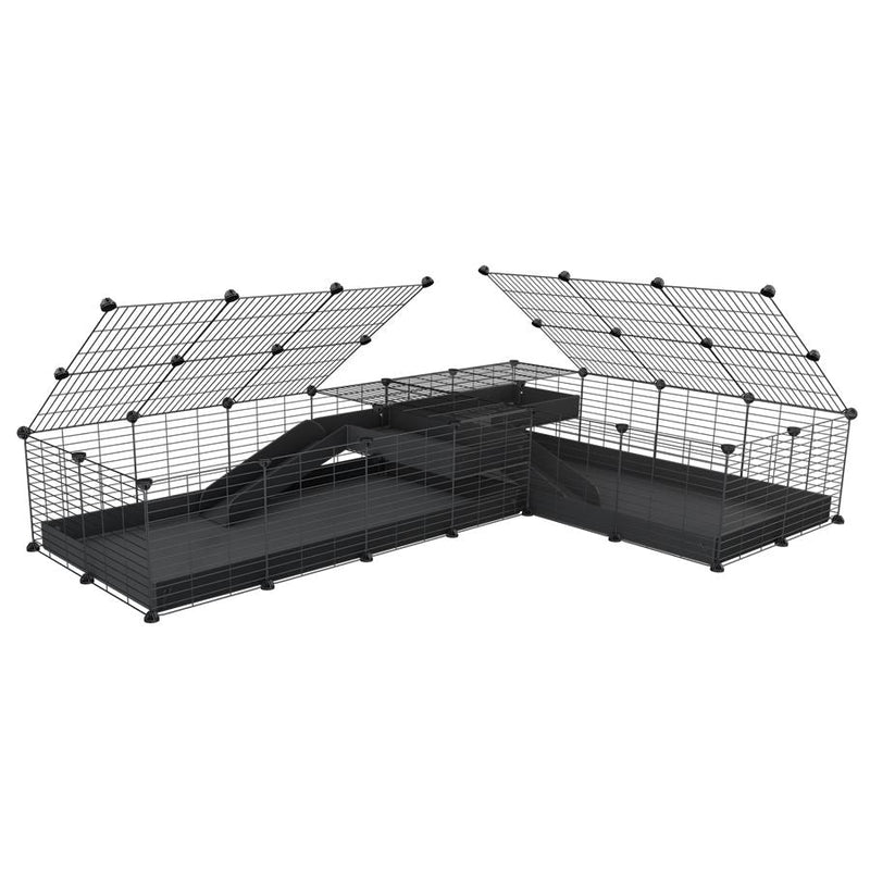 A 8x2 L-shape C&C cage with lid divider loft ramp for guinea pig fighting or quarantine with black coroplast from brand kavee