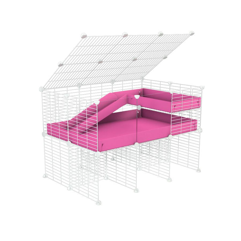 A 2x3 C and C guinea pig cage with clear transparent plexiglass acrylic panels  with stand loft ramp lid small size meshing safe white C&C grids pink correx sold in USA