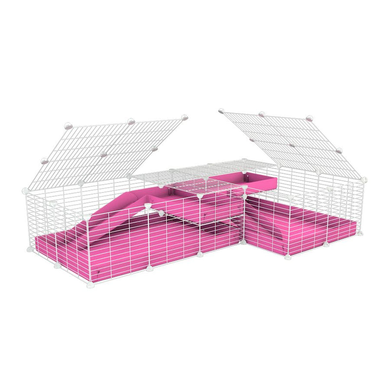 A 6x2 L-shape white C&C cage with lid divider loft ramp for guinea pig fighting or quarantine with pink coroplast from brand kavee