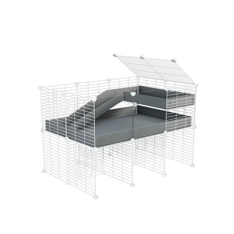 a 3x2 CC guinea pig cage with clear transparent plexiglass acrylic panels  with stand loft ramp small mesh white C&C grids gray corroplast by brand kavee