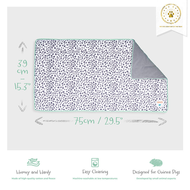 Kavee Dreamy Dalmatian Print 2x1 fleece liner image showing product features and dimensions on grey background