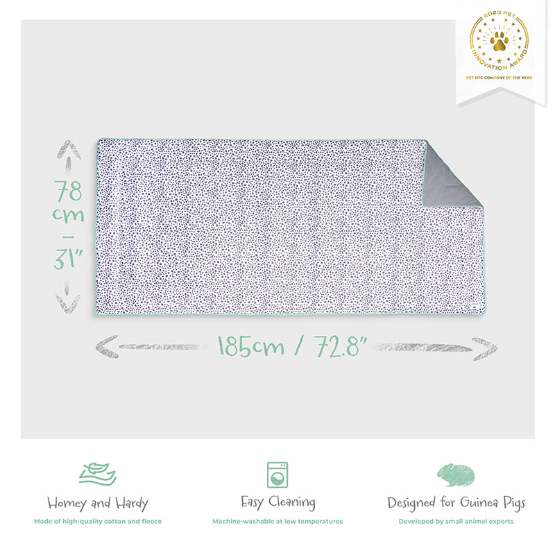 Kavee Dreamy Dalmatian Print 5x2 fleece liner image showing product features and dimensions on grey background