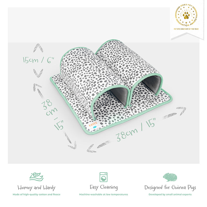 Kavee's dalmatian print double tunnel on grey background showing product features and dimensions