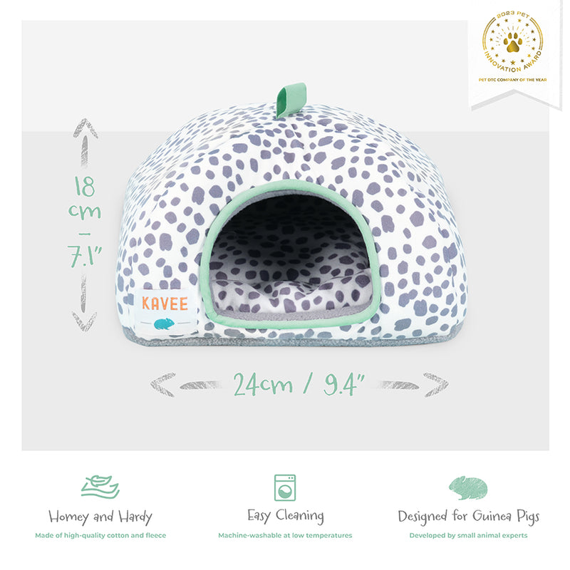 Kavee Dreamy Dalmatian print fleece hidey house on grey background showing product features and dimensions