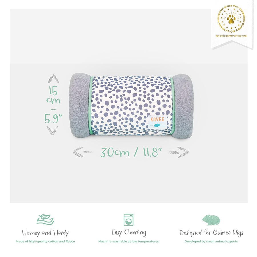 Kavee dalmatian print tunnel on grey background showing product features and dimensions