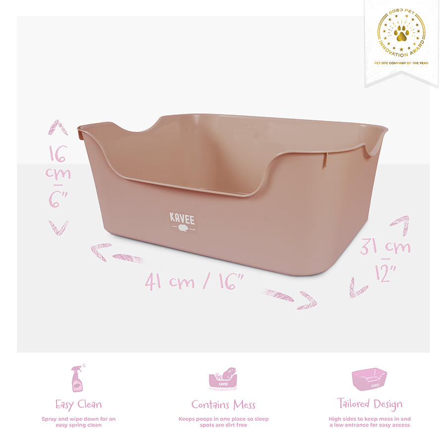 Kavee pink litter tray on grey background showing product features and dimensions
