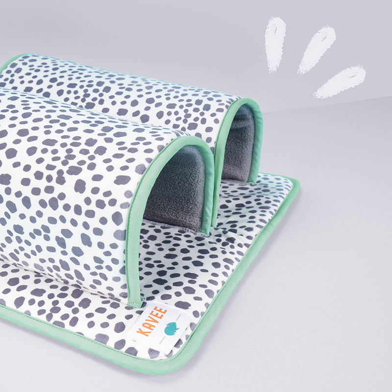 Kavee's dalmatian print double tunnel on grey background with illustration