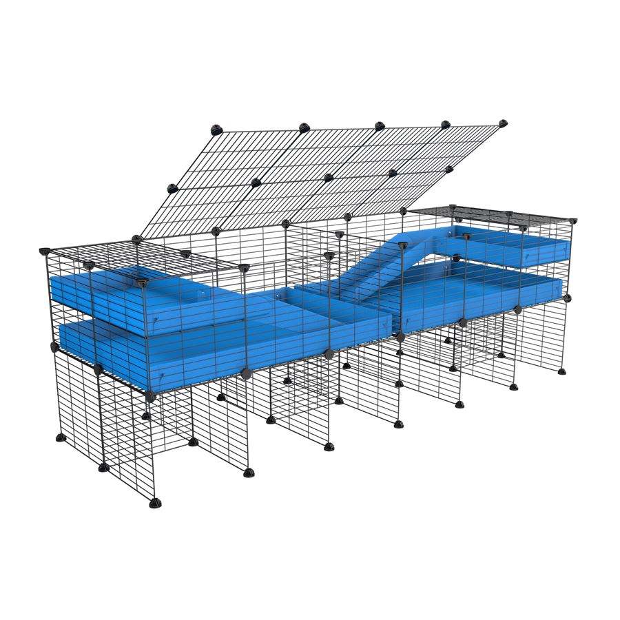 A 6x2 C&C cage with lid divider stand loft ramp for guinea pig fighting or quarantine with blue coroplast from brand kavee