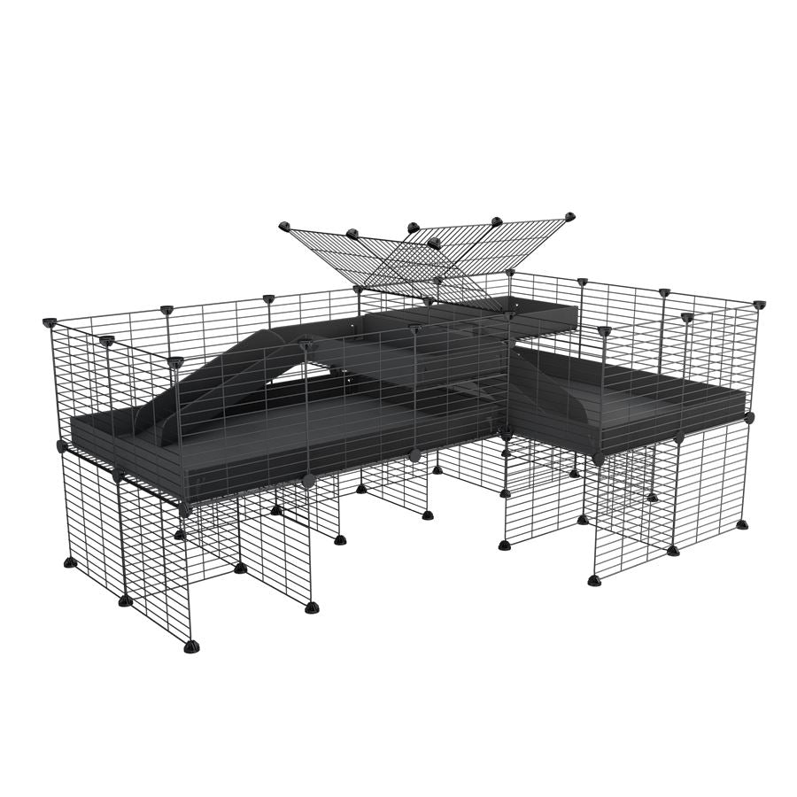 A 6x2 L-shape C&C cage with divider and stand loft ramp for guinea pig fighting or quarantine with black coroplast from brand kavee