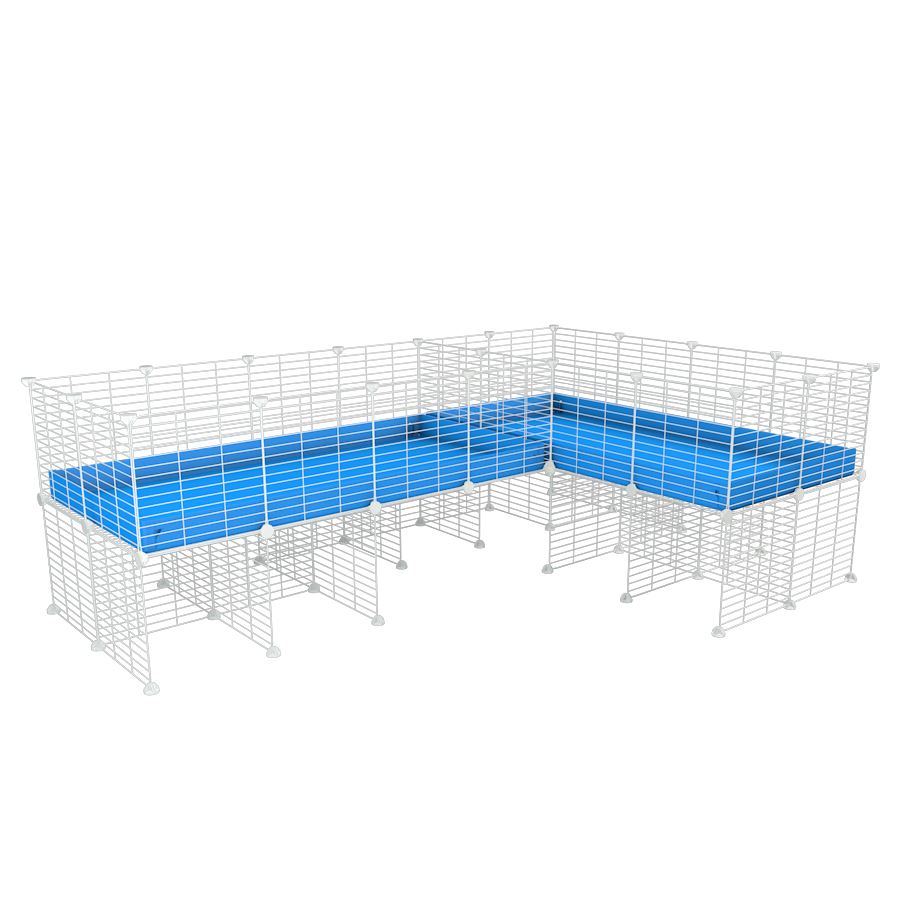 A 8x2 L-shape white C&C cage with divider and stand for guinea pig fighting or quarantine with blue coroplast from brand kavee