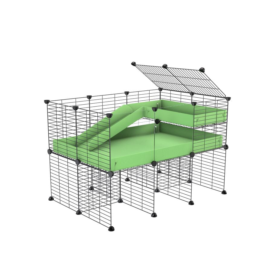 a 3x2 CC guinea pig cage with clear transparent plexiglass acrylic panels  with stand loft ramp small mesh grids green pastel pistachio corroplast by brand kavee