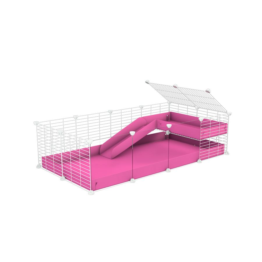 a 4x2 C&C guinea pig cage with clear transparent plexiglass acrylic panels  with a loft and a ramp pink coroplast sheet and baby bars by kavee