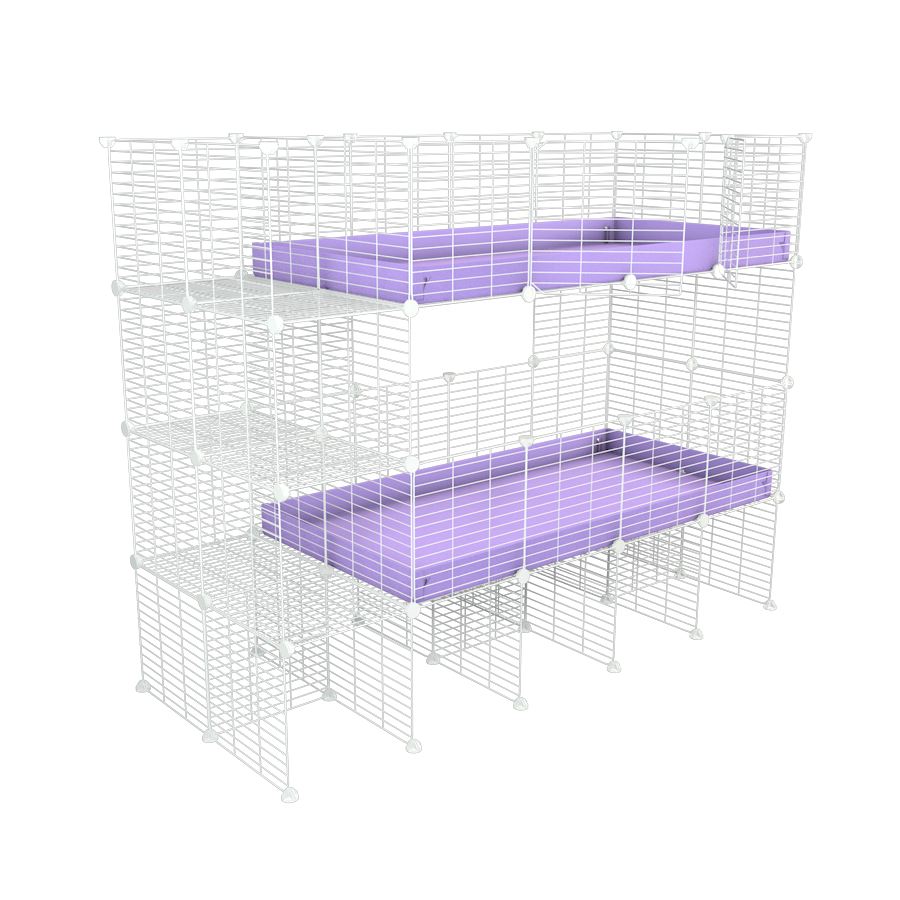 A two tier white 4x2 c&c cage with stand and side storage for guinea pigs with two levels purple lilac correx baby safe grids by brand kavee in the USA