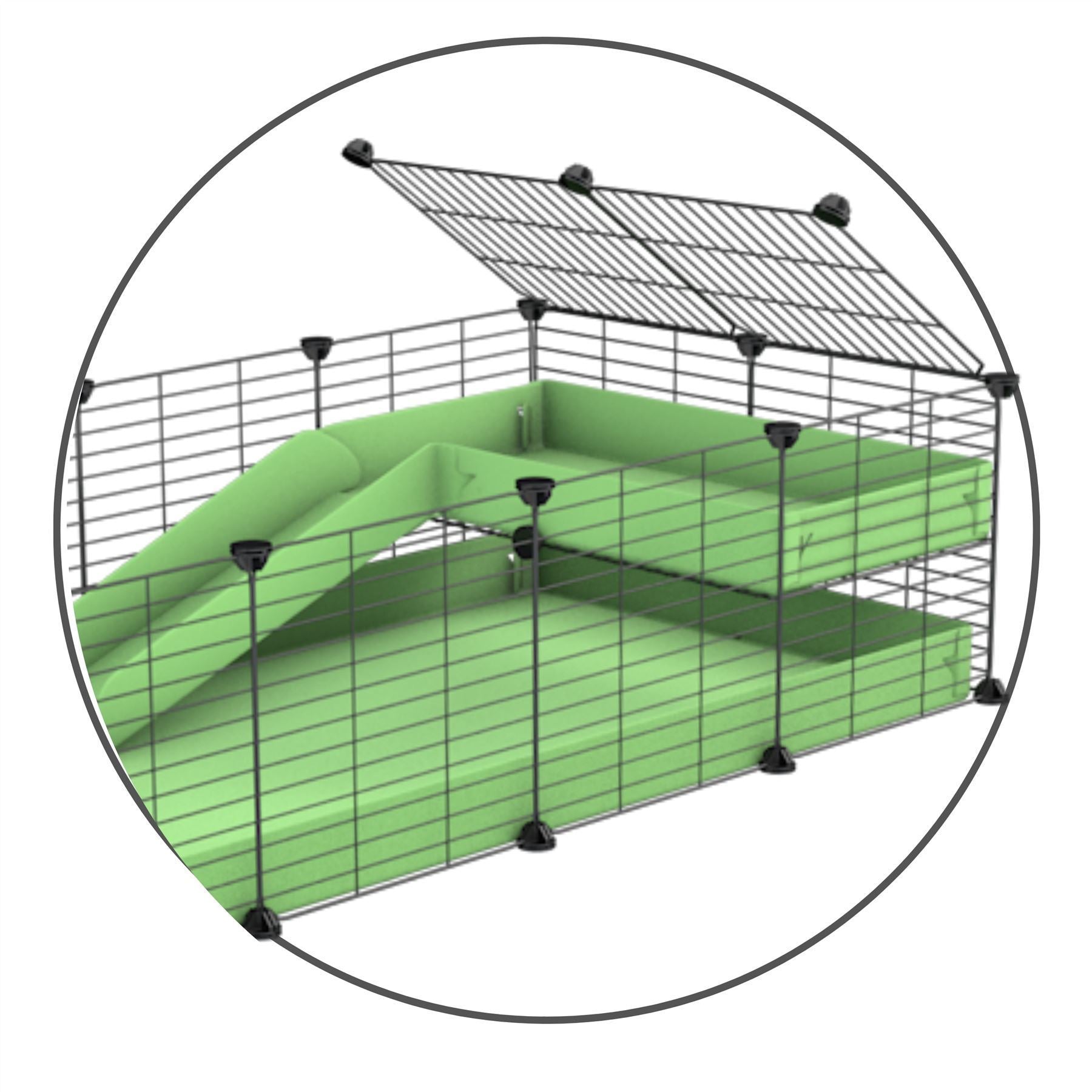 A kit containing a green coroplast ramp and 2x1 loft and small hole size safe C&C grids by kavee USA