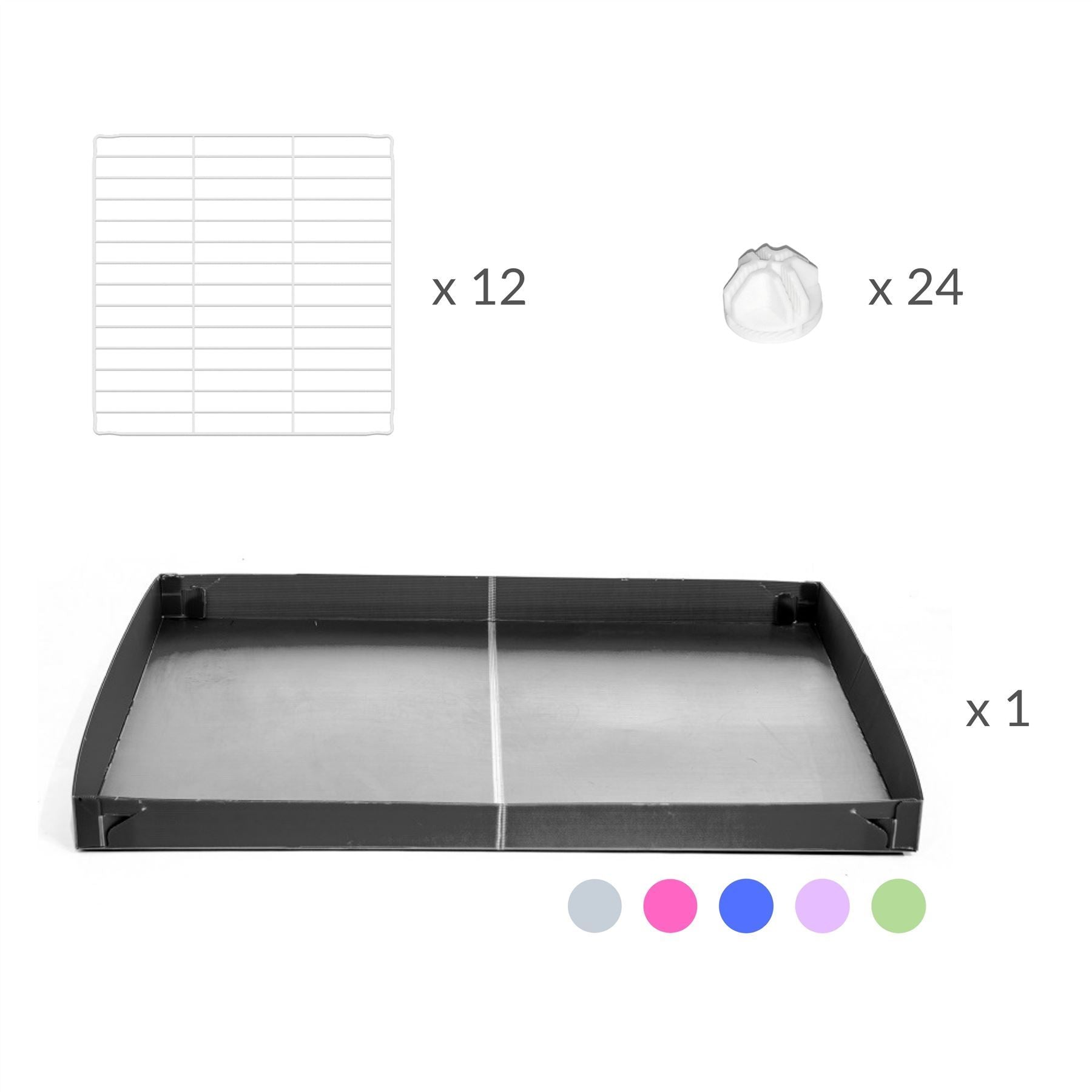 Components of A cheap 4x2 C&C cage for guinea pig with gray coroplast and baby proof white C and C grids from brand kavee