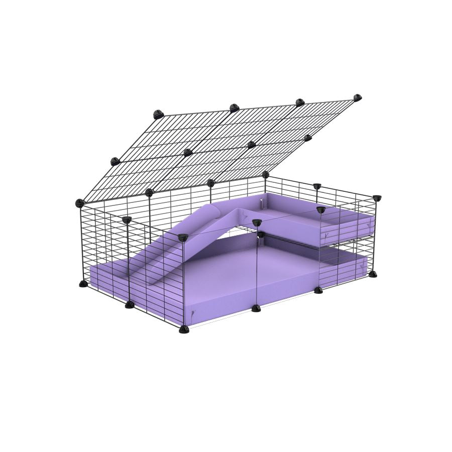 a 2x3 C and C guinea pig cage with clear transparent plexiglass acrylic panels  with loft ramp lid small hole size grids purple lilac pastel coroplast kavee