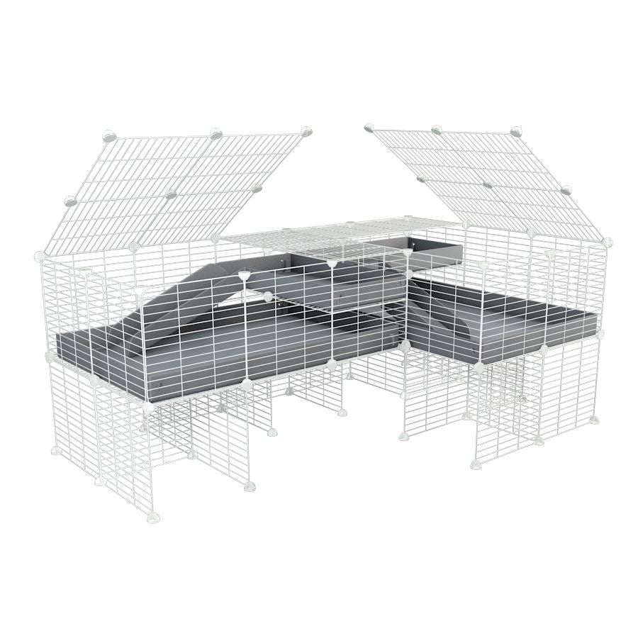 A 6x2 L-shape white C&C cage with lid divider stand loft ramp for guinea pig fighting or quarantine with gray coroplast from brand kavee