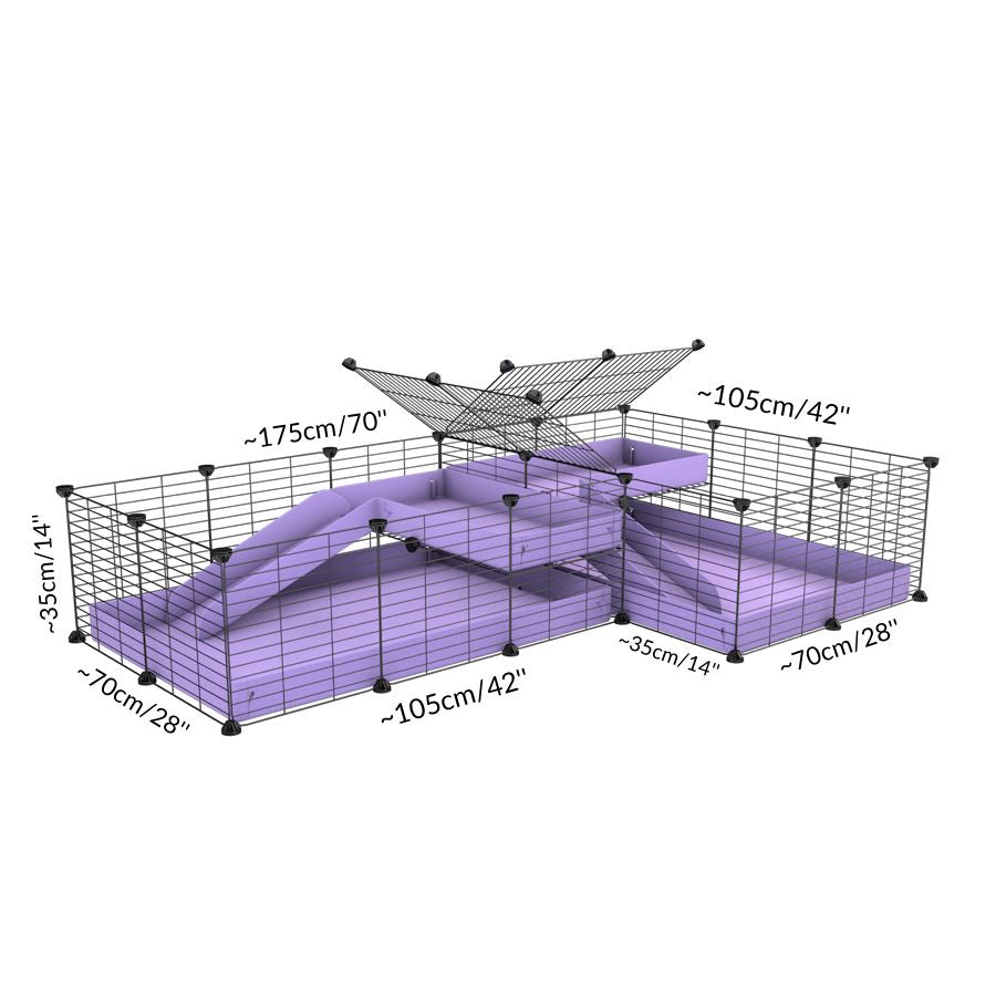 Size and dimension of A 6x2 L-shape C&C cage with divider loft ramp for guinea pigs fighting or quarantine from brand kavee