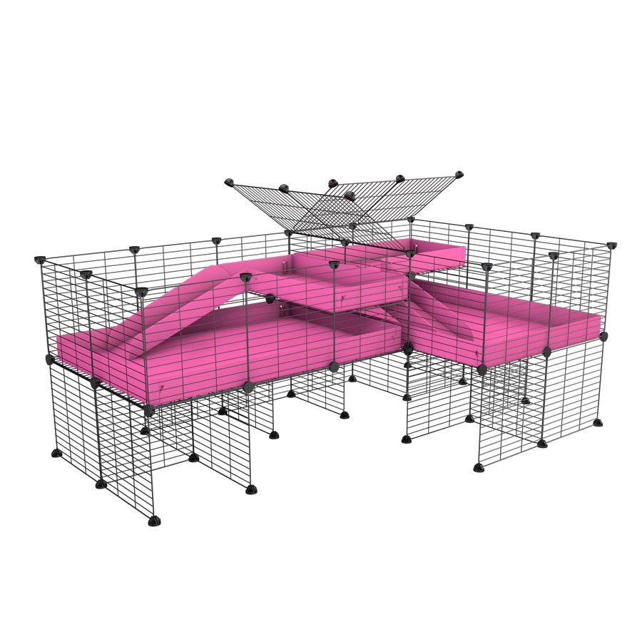 A 6x2 L-shape C&C cage with divider and stand loft ramp for guinea pig fighting or quarantine with pink coroplast from brand kavee