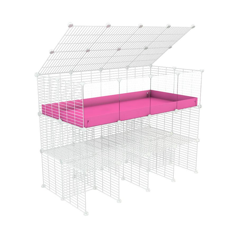a tall 4x2 C&C guinea pigs cage with clear transparent plexiglass acrylic panels  with a double stand pink coroplast a lid and safe small hole white CC grids sold in USA by kavee