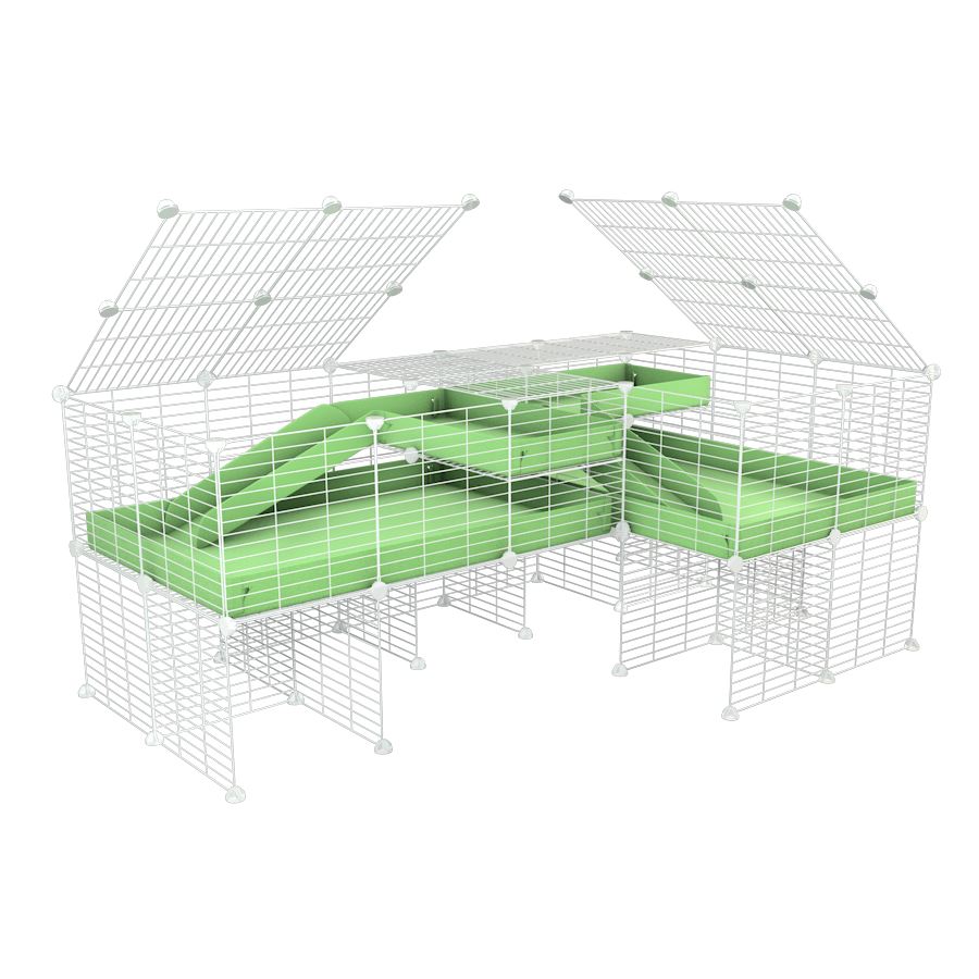 A 6x2 L-shape white C&C cage with lid divider stand loft ramp for guinea pig fighting or quarantine with green coroplast from brand kavee