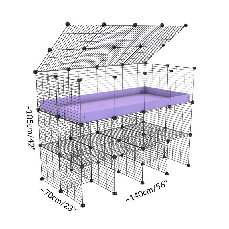 Dimensions of a tall 4x2 C&C guinea pigs cage with clear transparent plexiglass acrylic panels  with a top a double stand gray coroplast and safe small hole black CC grids sold in USA by kavee