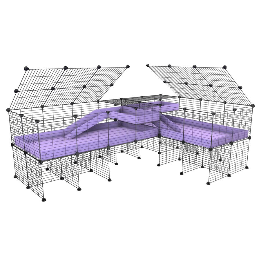 A 8x2 L-shape C&C cage with lid divider stand loft ramp for guinea pig fighting or quarantine with lilac coroplast from brand kavee