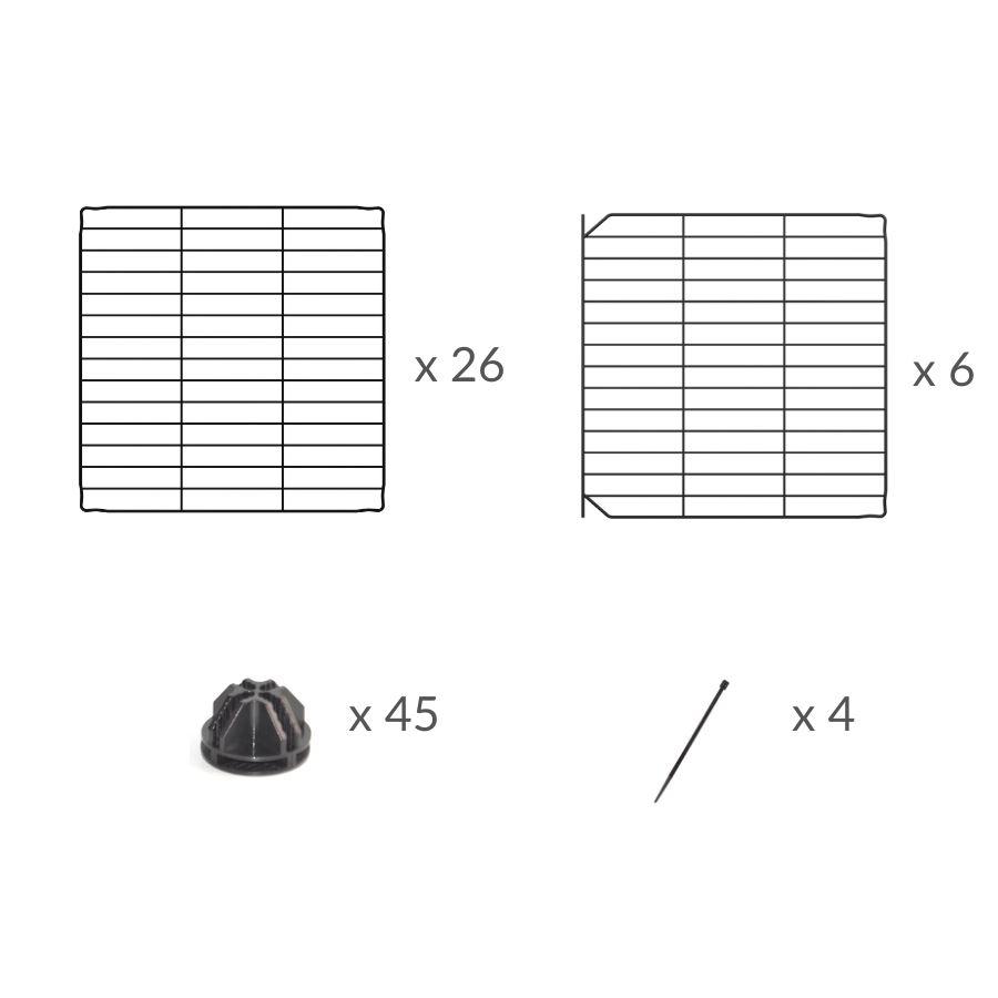 Composition of a tall 4x2 outdoor modular playpen with a lid and small hole safe C and C grids for guinea pigs or Rabbits