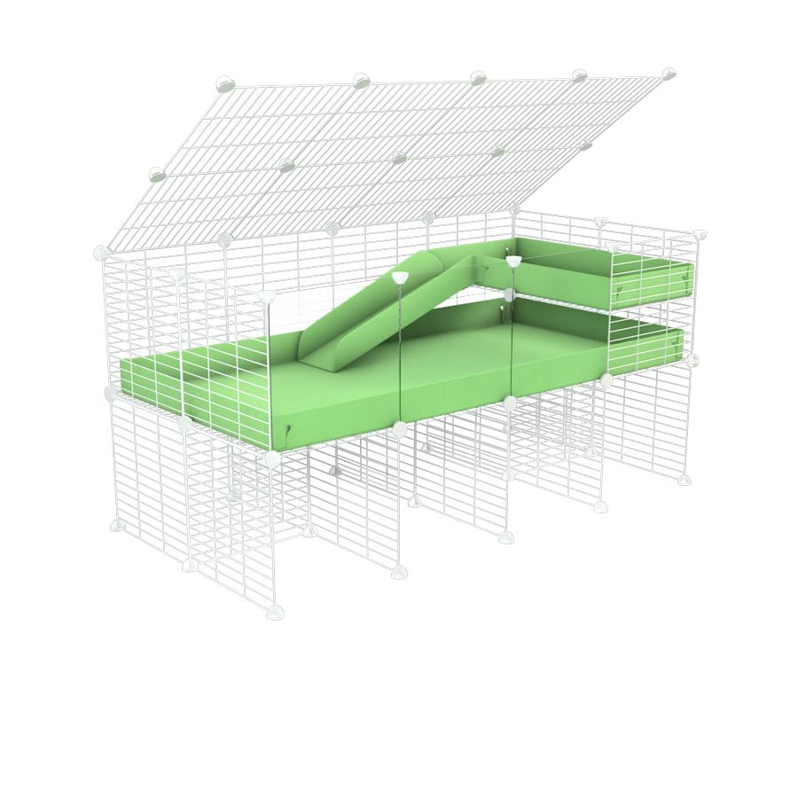 A 2x4 C and C guinea pig cage with clear transparent plexiglass acrylic panels  with stand loft ramp lid small size meshing safe white grids green pastel pistachio correx sold in USA