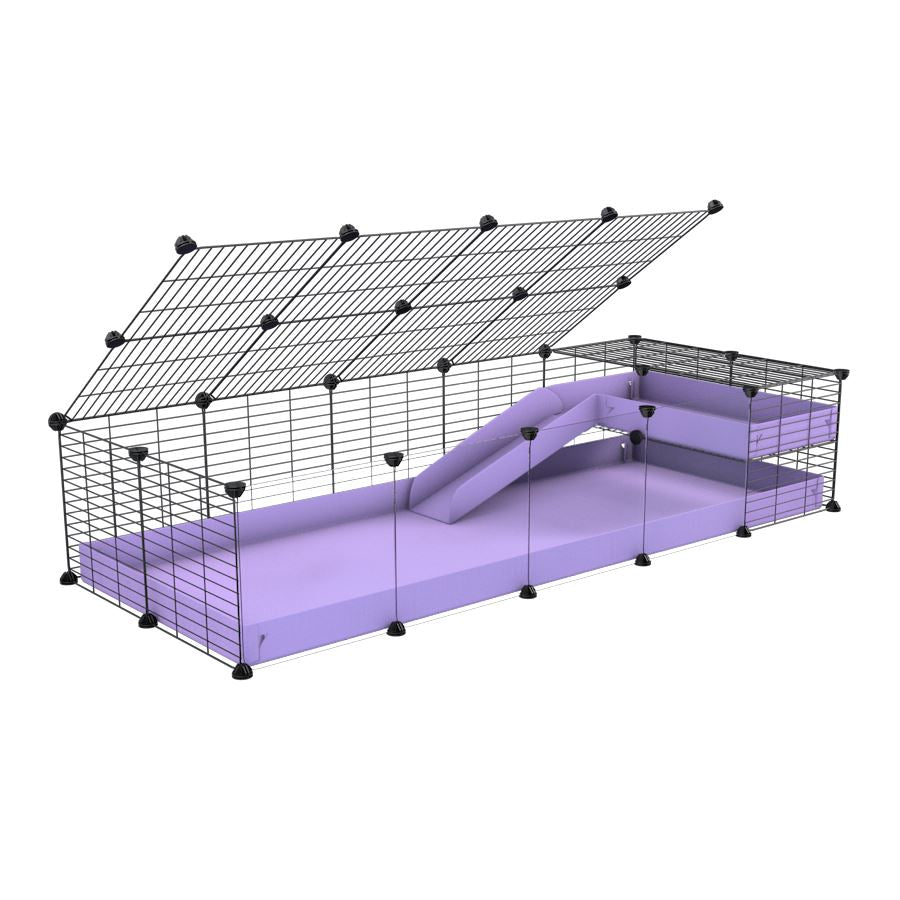 a 2x5 C and C guinea pig cage with clear transparent plexiglass acrylic panels  with loft ramp lid small hole size grids purple lilac pastel coroplast kavee