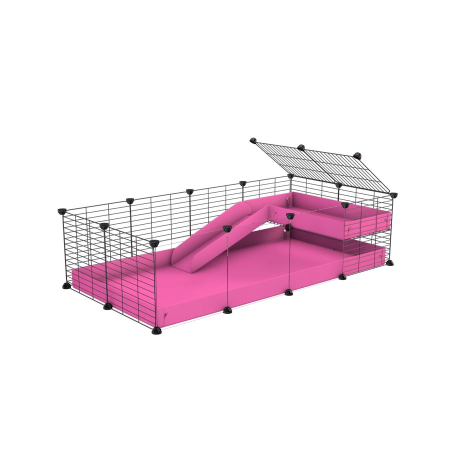 a 4x2 C&C guinea pig cage with clear transparent plexiglass acrylic panels  with a loft and a ramp pink coroplast sheet and baby bars by kavee