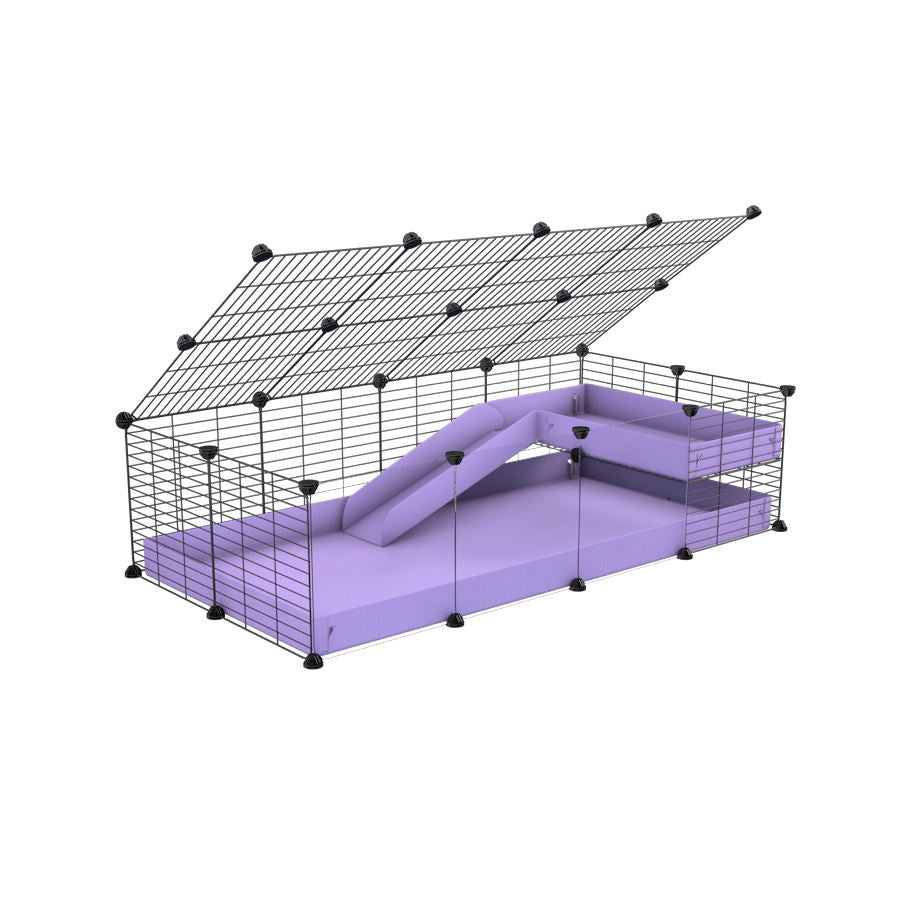 a 2x4 C and C guinea pig cage with clear transparent plexiglass acrylic panels  with loft ramp lid small hole size grids purple lilac pastel coroplast kavee