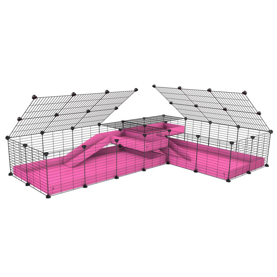 A 8x2 L-shape C&C cage with lid divider loft ramp for guinea pig fighting or quarantine with pink coroplast from brand kavee