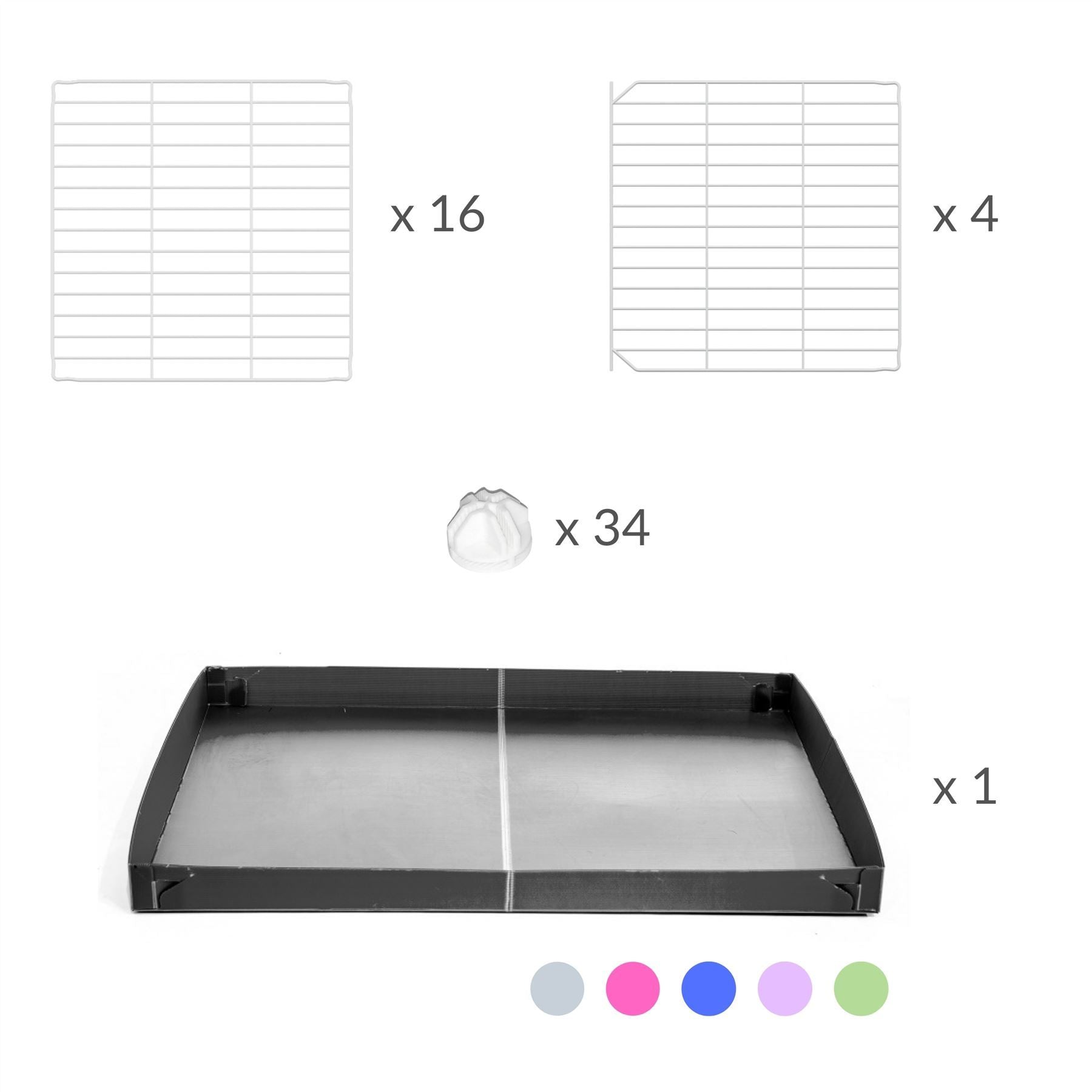 Components of A 2x4 C and C cage for guinea pigs with gray coroplast a lid and small hole white CC grids from brand kavee