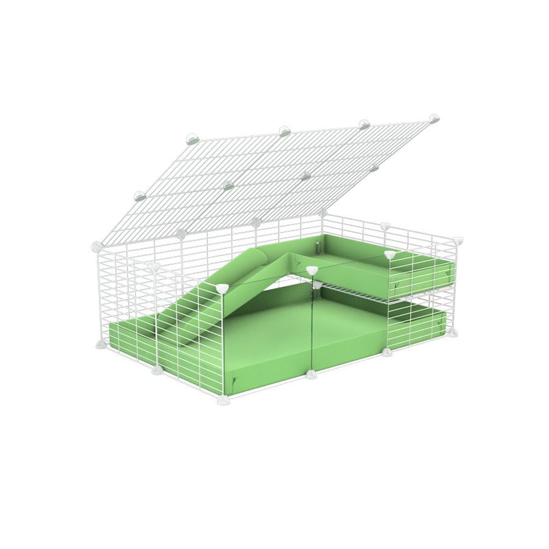 a 2x3 C and C guinea pig cage with clear transparent plexiglass acrylic panels  with loft ramp lid small hole size white C&C grids green pastel pistachio coroplast kavee
