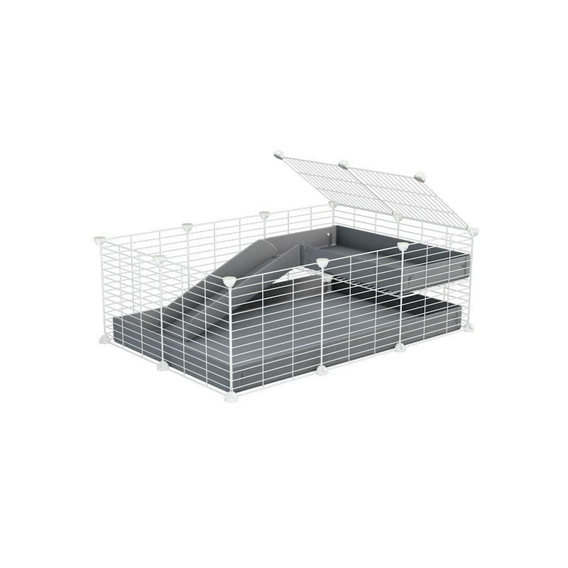 a 3x2 C&C guinea pig cage with a loft and a ramp gray coroplast sheet and baby bars white CC grids by kavee