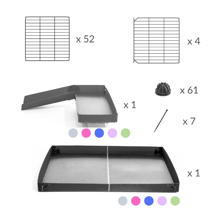 Material for a 4x2 kavee blue C&C guinea pig cage with three levels a loft a ramp made of small size meshing safe grids