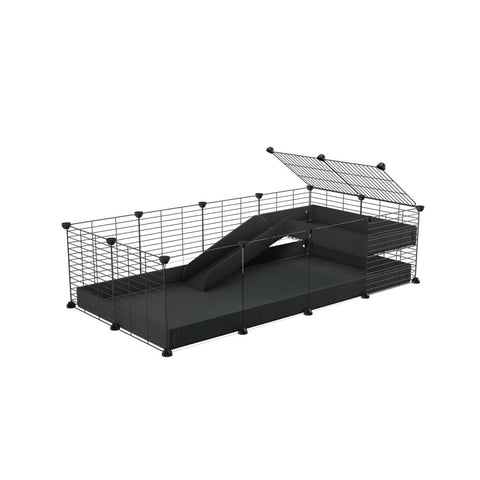 a 4x2 C&C guinea pig cage with clear transparent plexiglass acrylic panels  with a loft and a ramp black coroplast sheet and baby bars by kavee